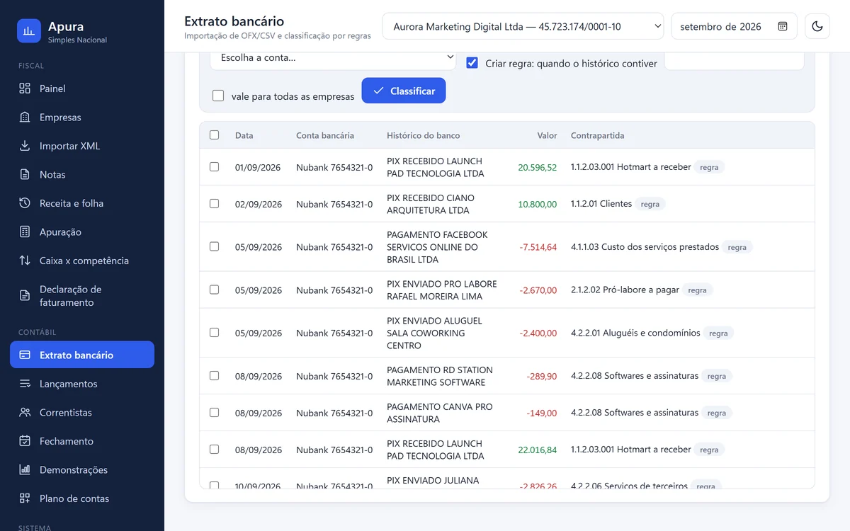 Extrato bancário classificado automaticamente no Apura